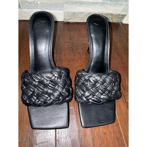 Marc Fisher LTD Sandals Womens Black Woven Braided Slide Mule Square Toe Heel 8 - Picture 2 of 11